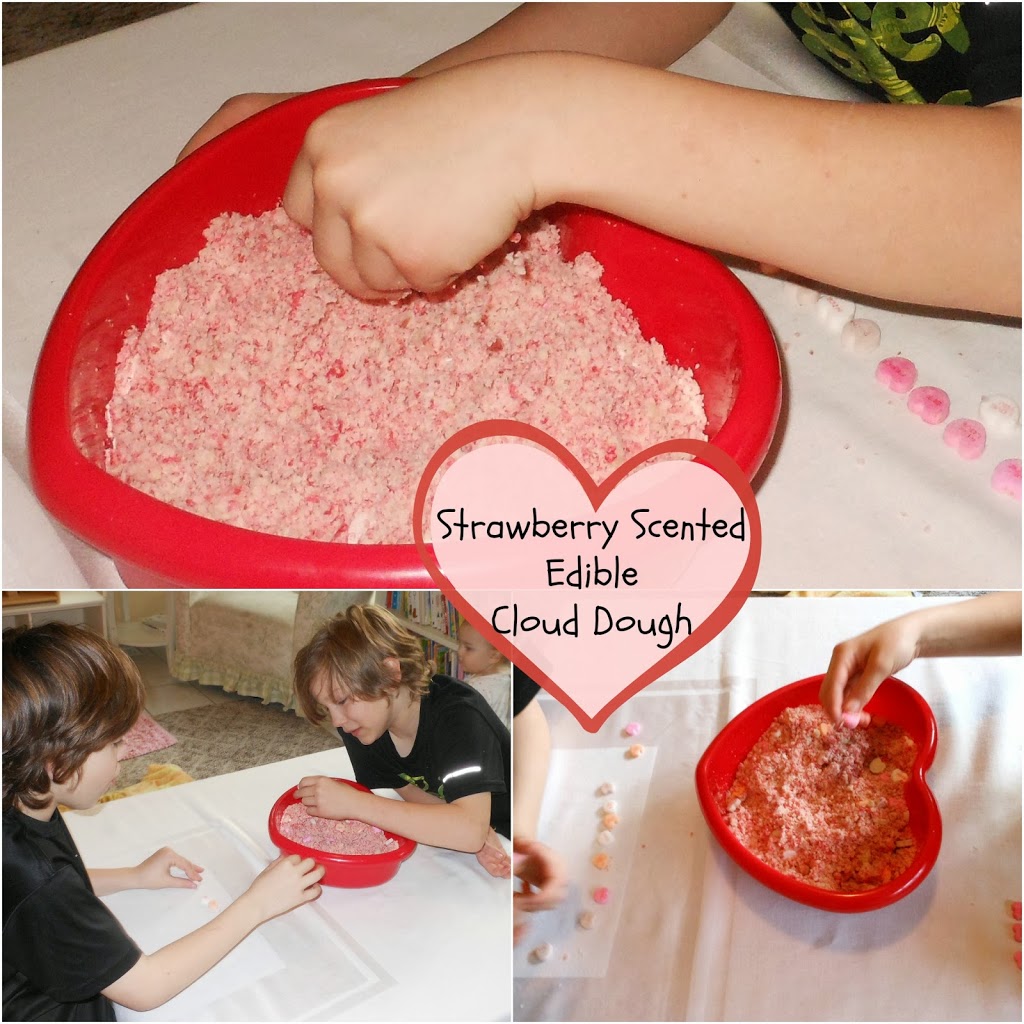 Strawberry scented edible cloud dough, homemade Valentine's Day, Hands on learning, sensory play www.naturalbeachliving.com