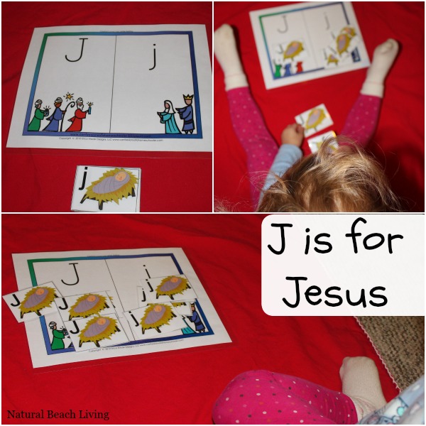 j is for jesus Christmas activities for toddlers and preschoolers, color matching, animal matching, fine motor skills, shapes, alphabet, math and more www.naturalbeachliving.com