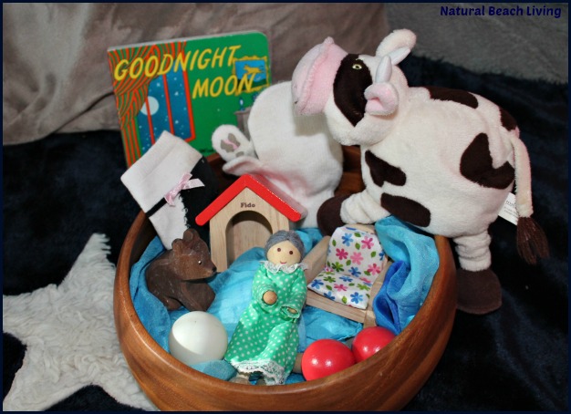 Goodnight Moon Treasure Baskets, Activities for toddlers, classic books, Natural Play, Reading fort, BFIAR, homeschooling, www.naturalbeachliving.com