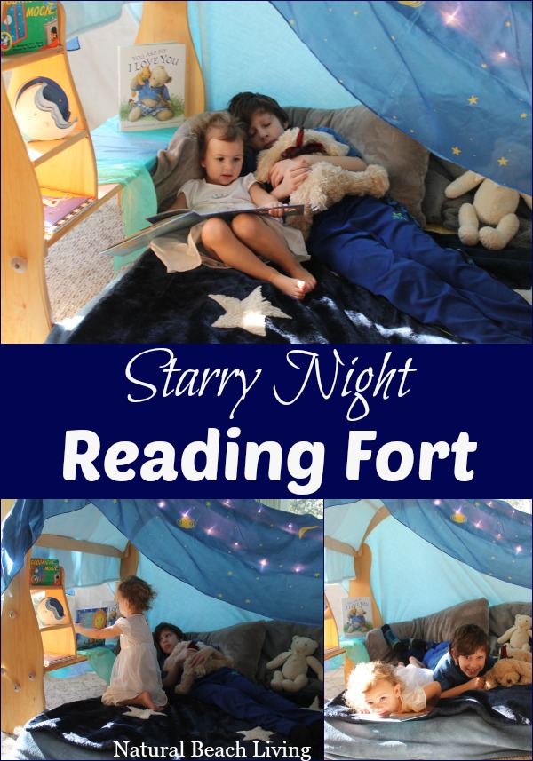 Starry night reading nook, reading fort, BFIAR, Goodnight moon, kids reading space, Waldorf Playstands, reading nook, books, Waldorf, raising readers, #read #kidsspace #books