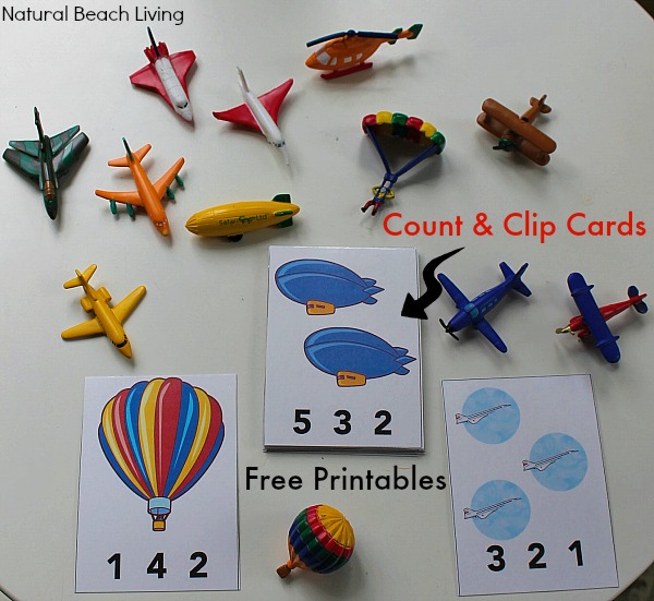 Air Transportation Preschool Theme Printables, Exploring and learning about things that are up in the sky, Preschool theme, Transportation activities and books for preschoolers, Free counting clip cards, Preschool Transportation Theme Printables and Activities 