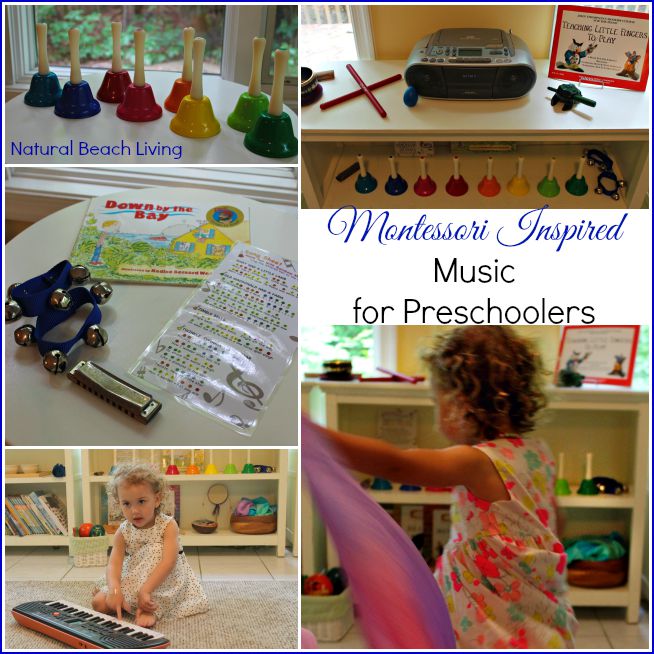 Montessori-Inspired Music for Preschoolers text with image collage of preschoolers playing with musical instruments