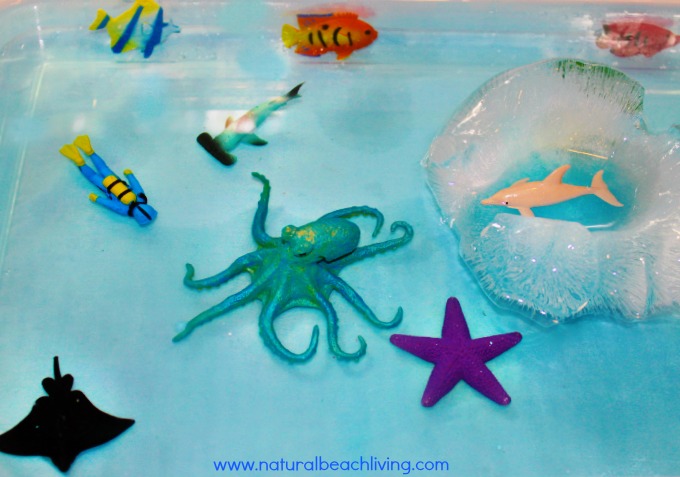 Under the Sea Themed Activities, Amazing Frozen Sensory Play, eye spy sensory game and water play fun. Perfect for a learning theme. AWESOME kids activities 