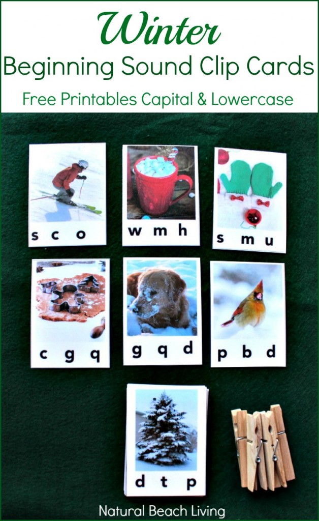 Wonderful Winter beginning sound clip cards, Free printables in Capital and lowercase alphabet. Perfect for hands on learning and letter sounds practice.