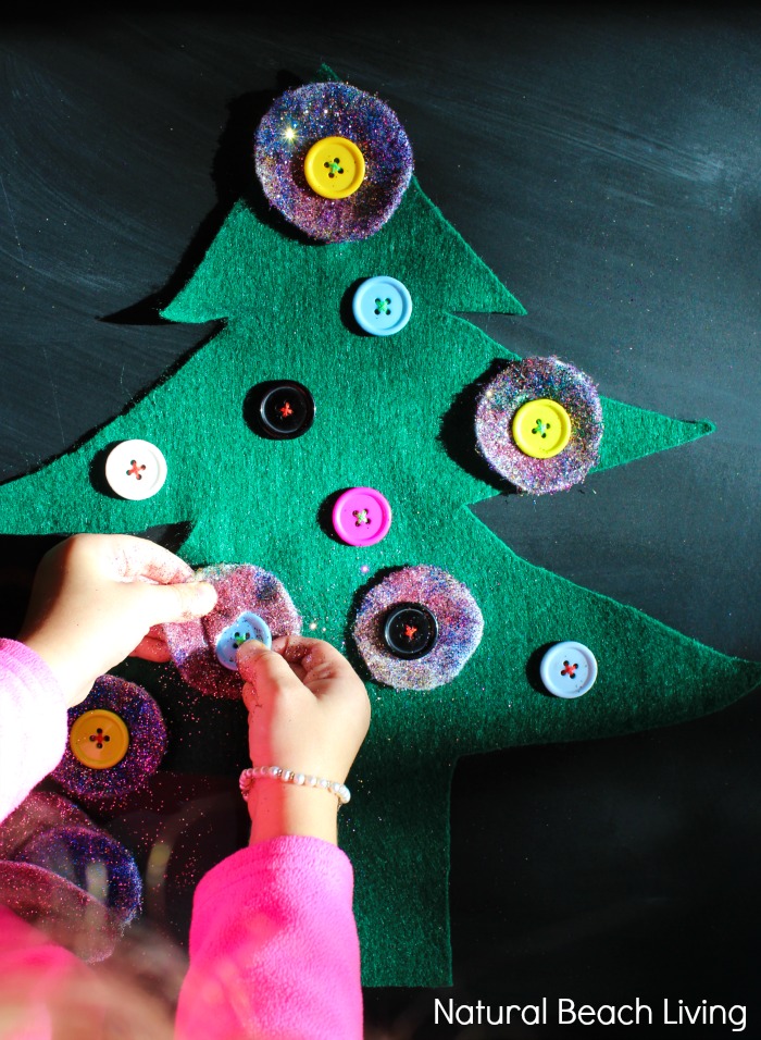 Montessori Inspired DIY Button Christmas Tree, makes perfect holiday practical life skills work and would make a fun holiday busy bag for preschoolers and toddlers. 