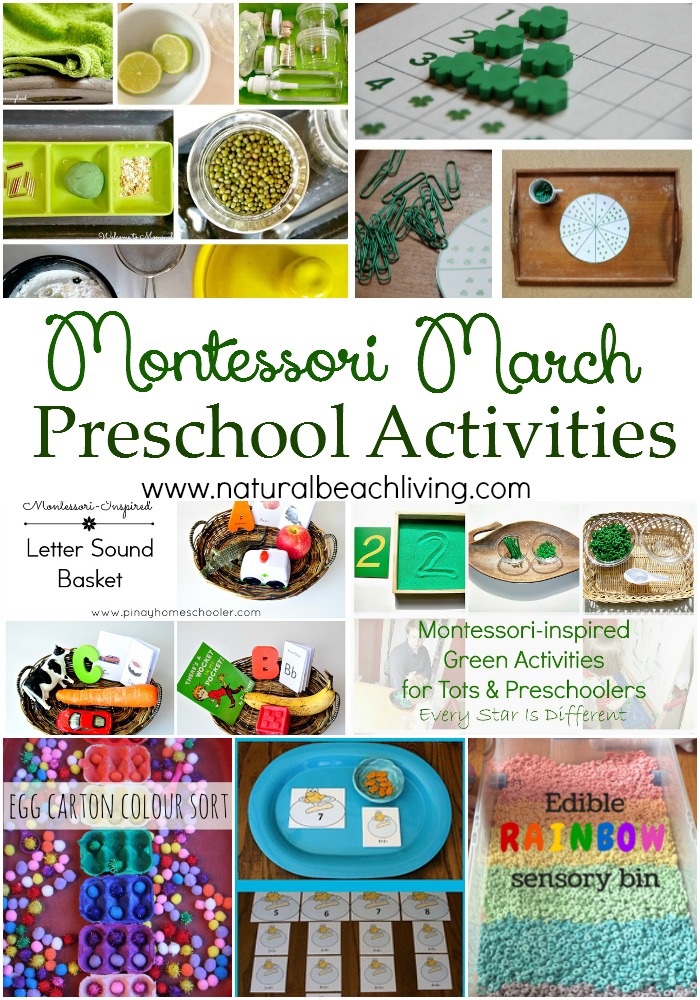 10 + Montessori March Preschool Activities, Color Trays, Dr. Suess, Practical Life, Language Baskets, Sensory Play, Montessori Math and More. 