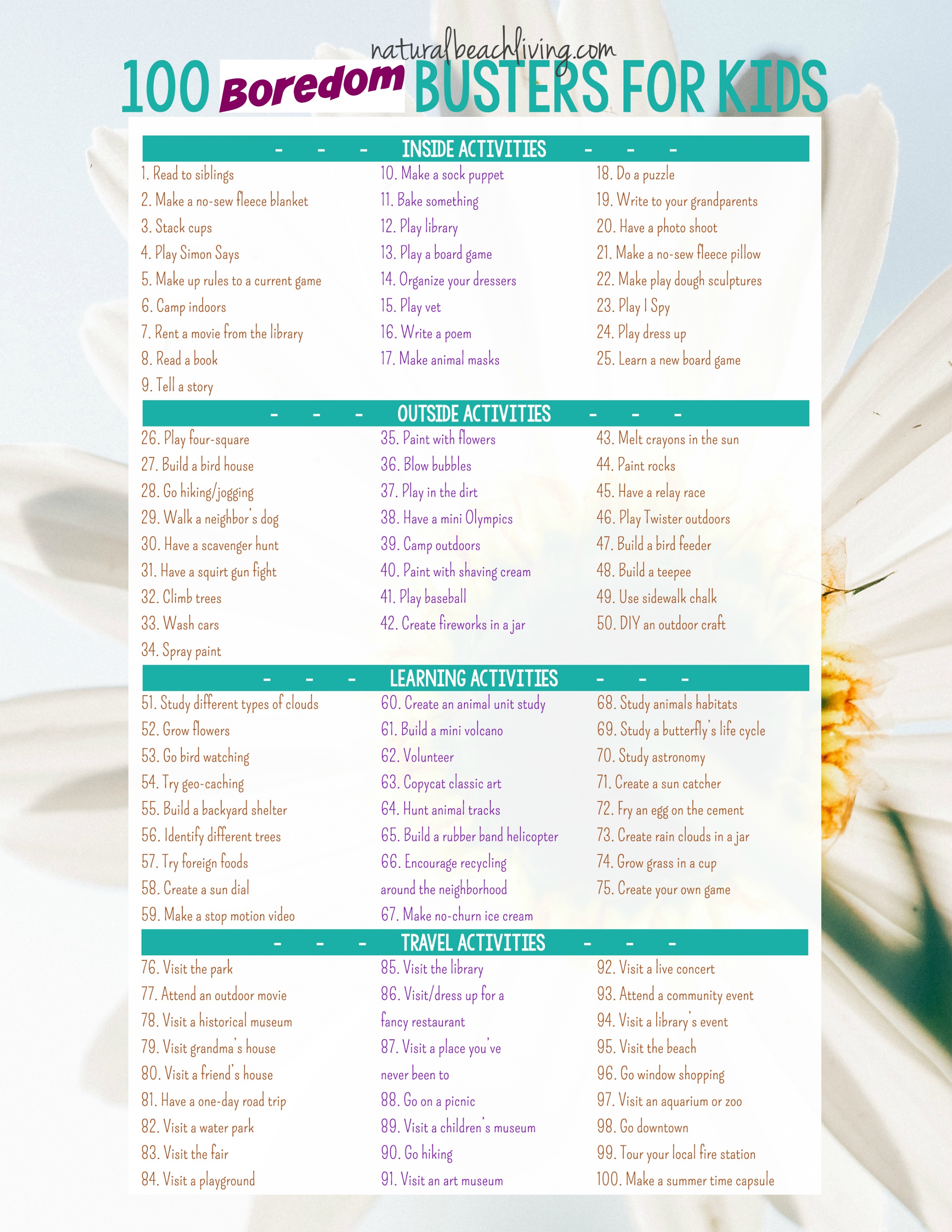 100 Boredom Busters Summer Activities (Free Printable) - Natural Beach Living