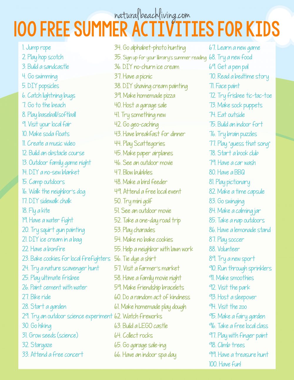 100 Free Summer Activities For Kids (free printable)