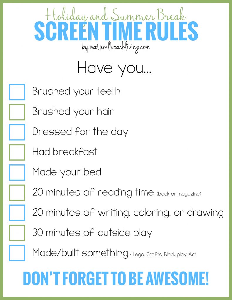 Holiday and Summer Rules for Screen Time with a Screen Time Free Printable, Manage screen time for kids and Get Kids interested in fun activities. Use this daily schedule to help set boundaries and switch out screen time for fun activities for kids 