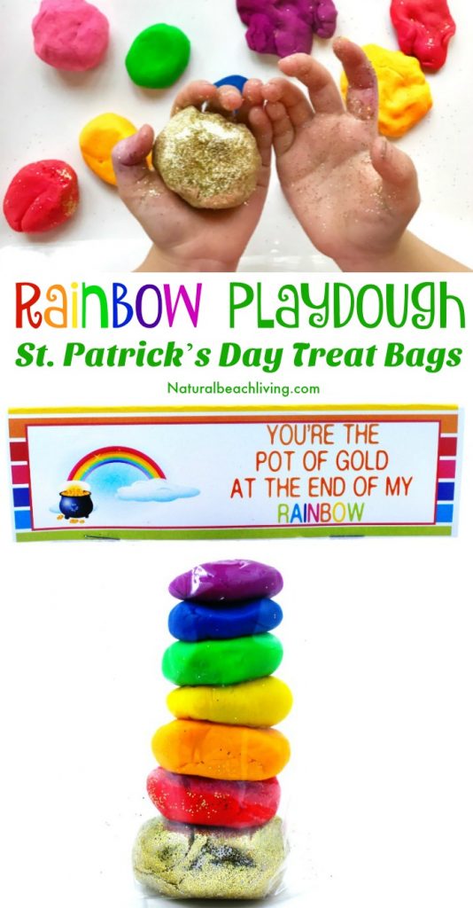 Rainbow Playdough St. Patrick's Day Treat Bags, Perfect Party bags for St. Patrick's Day, Free Printables, Rainbow ideas for kids, Pot of gold playdough fun