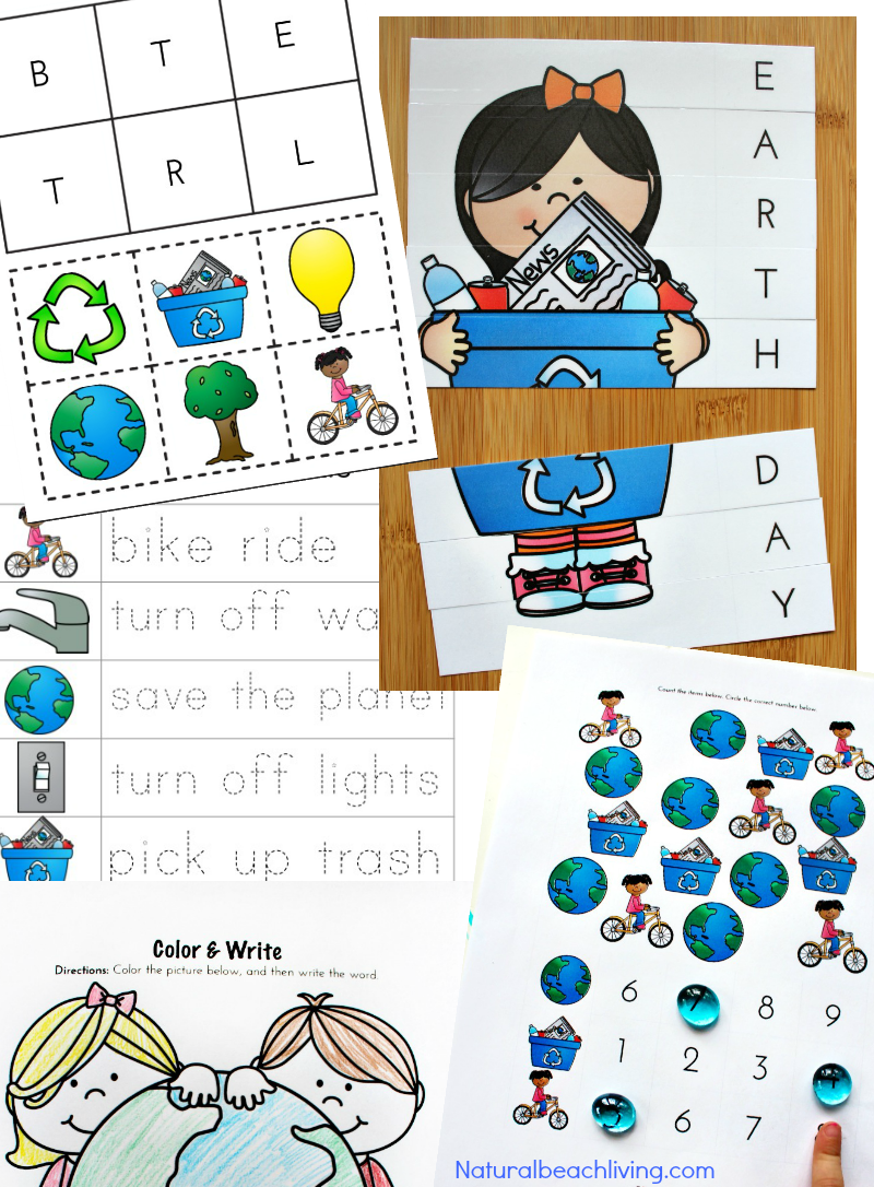 Earth Day Activities Preschool & Kindergarteners Love, Free Earth Day Printables, Recycling activities, Coloring pages, Alphabet puzzles, Fine motor work