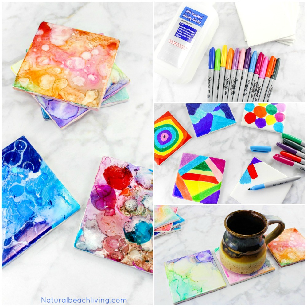 Easy Tile Art for Kids That Everyone Will Enjoy, Sharpie Art is the coolest, perfect art for kids, Fun Art process, Painted Coasters make a great gift, #kidsart #kidscrafts #giftidea 