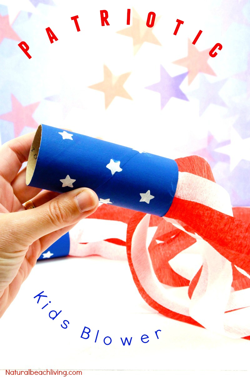 4th of July Craft Idea Patriotic Kids Blower, Patriotic Craft Ideas, Paper Tube Craft, Summer craft and perfect party idea for kids, Fun July 4th Kids Craft