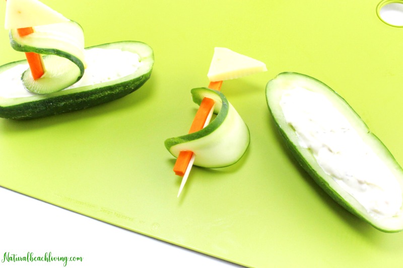 Healthy Cucumber Boat Shaped Snack for Kids, Fun Snacks for Kids, Party food, Beach Recipes, Ocean Theme Party Food, Yummy Summer Recipes for Kids