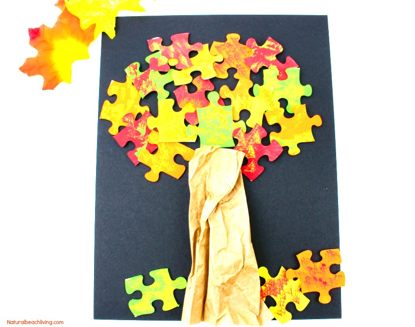 Fall Tree Craft, Fall Tree Puzzle Craft, Fall craft for preschoolers, Leaves theme, Fall Puzzle Tree with Painted leaves, Easy Fall Craft for Kids, Fall Crafts DIY