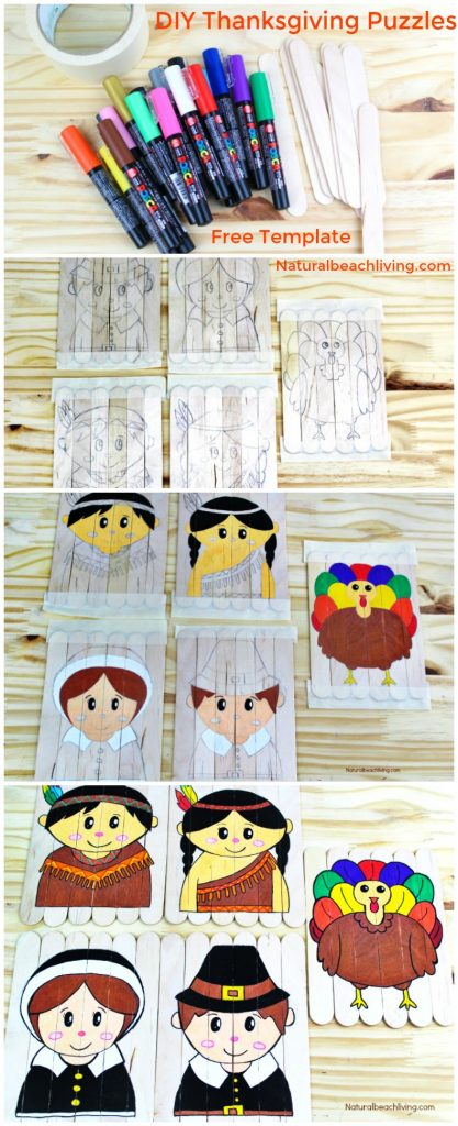 The Best Thanksgiving Preschool Activities, DIY Thanksgiving Puzzles with Free Printable Template, Thanksgiving Crafts, Make a Turkey, Pilgrims, Native American Indian Crafts for kids, Fun Popsicle stick craft, #Thanksgiving #Thanksgivingcrafts #preschool 