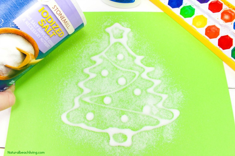 How to Make The Best Christmas Salt Painting, Watercolor Salt Painting, Christmas Preschool Craft, Fun Winter craft kids love, Raised salt painting, process art, Christmas tree crafts for kids #Christmascrafts #Christmas #Christmasactivities #wintercrafts #saltpainting #preschoolers