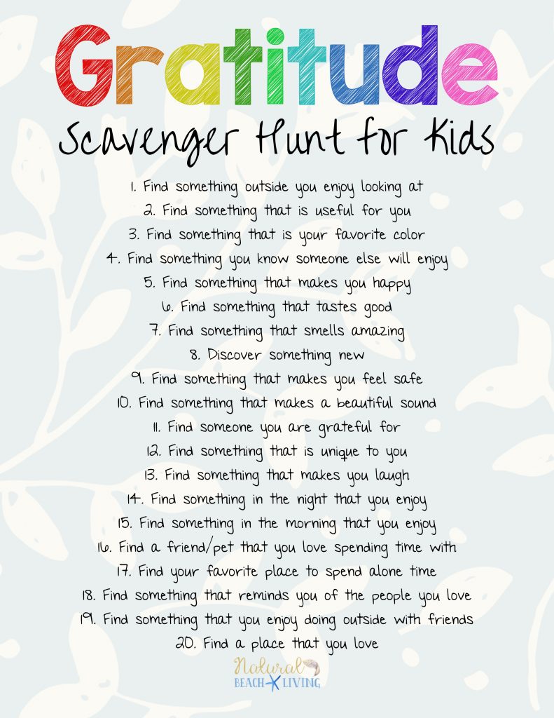 Gratitude Scavenger Hunt for Kids text with image example of a scavenger hunt list