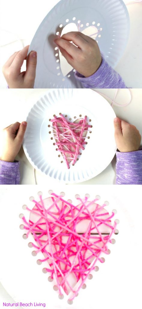 Yarn Paper Plate Heart Craft and Beginner Sewing for Preschool and Kindergarten, paper plate yarn hearts, paper plate sewing, Easy Beginner Sewing for Kids , Threaded Heart Paper Plate Craft for Valentines Day, paper plate heart craft, paper plate weaving lesson, Weaving for Preschool and Kindergarten, Heart Crafts for Kids, Montessori Activities, Waldorf Homeschool, #Valentinesday #Valentinecraft #preschoolcrafts #Montessori #waldorf 
