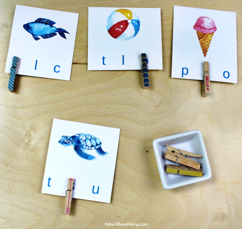 Free Beginning Sound Clip Cards - Summer Alphabet Printables, Children will love identifying beginning sounds with these super cute summer-themed clip cards! Summer Theme Alphabet Cards are a great letter sounds activity for Preschool and Kindergarten, letter sound clip cards