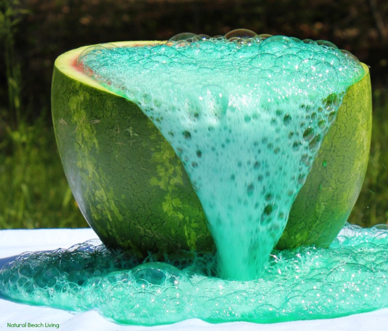 Make a baking soda and vinegar volcano inside a watermelon
