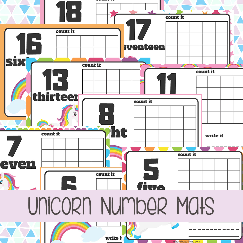 Unicorn Number Mats - Adorable Unicorn and Rainbow Free Playdough Number Mats 1-20, Unicorn Printable Number Mats are perfect for a Unicorn Theme, children will work on writing numbers, number sense, fine motor skills, and hands on activities for preschoolers and Kindergarten. Fun Unicorn Math activities for kids 