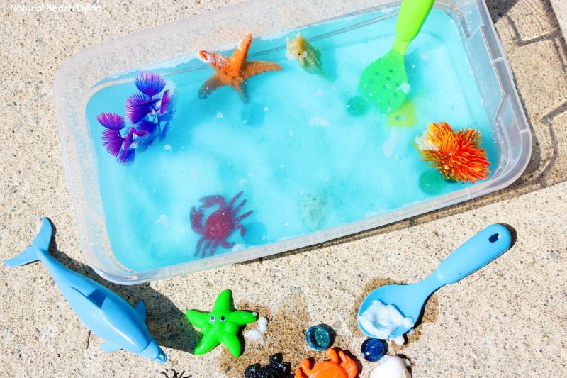 This Ocean Sensory Bin is easy to put together with a few simple under the sea theme items your children will spend hours playing with it. If you are doing an Ocean Theme for Preschoolers, sensory play and Under The Sea activities are perfect for hands on learning, Under the sea sensory bins are great for an Ocean Unit Study too.