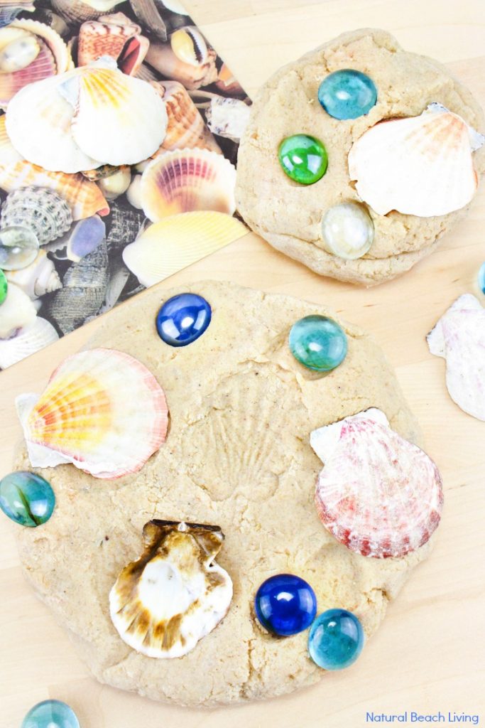 Kids love making imprints of the seashells on this sand playdough. Make DIY Sand Play dough for a perfect Beach Theme Playdough recipe, this Textured Playdough is fun sensory play and summer activity