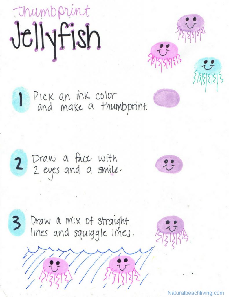 Thumbprint Ocean Animals, make Fingerprint Art Animals with your kids with a free printable tutorial to make it easy for you.  Easy to follow step by step directions. Add these Ocean Animal crafts to any ocean theme, These thumbprint animal pictures are adorable. fingerprint animals pictures, how to make fingerprint animals