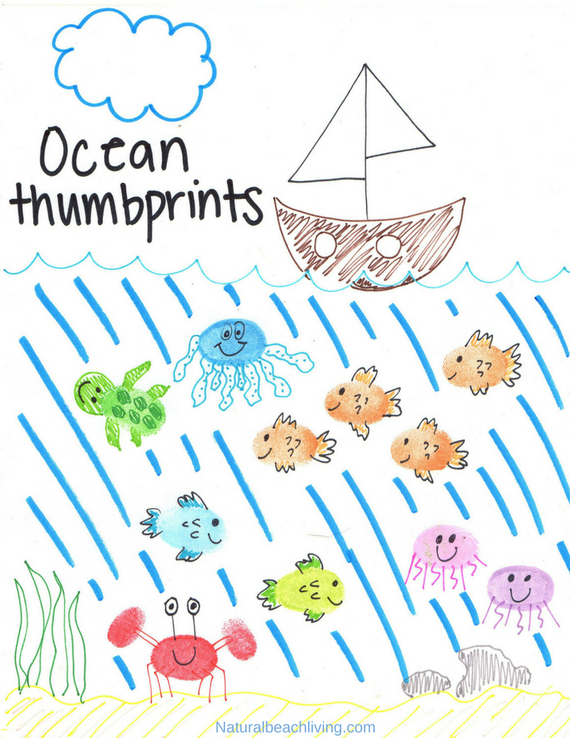 Thumbprint Ocean Animals Art with free Ocean Theme Printables