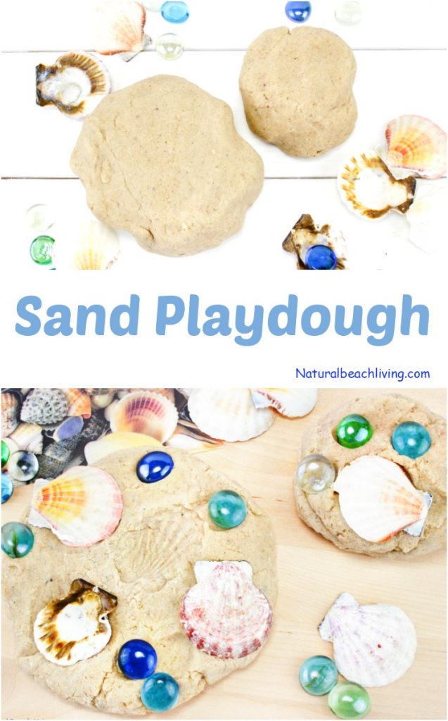 Kids love making imprints of the seashells on this sand playdough. Make DIY Sand Play dough for a perfect Beach Theme Playdough recipe, this Textured Playdough is fun sensory play and summer activity 