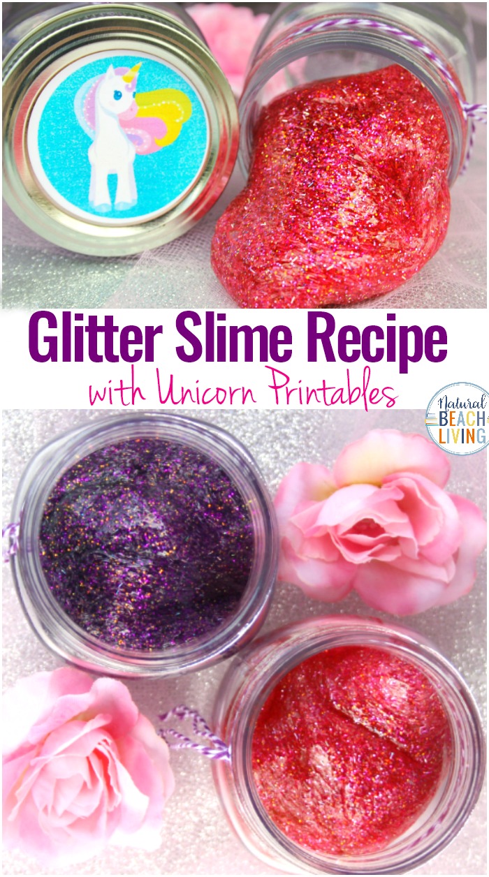 Slime Recipe with Contact Solution, Unicorn Glitter Slime with Free Printables, Your kids will love this easy Homemade Slime Recipe with contact solution, Make Clear Slime with Contact Solution for your kids, Unicorn Sensory Play and Unicorn Party Favors 