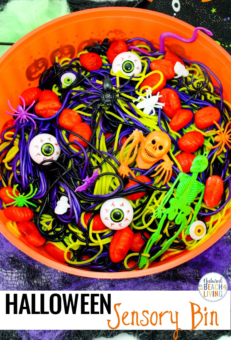 Halloween Sensory Activities are scary, squishy, slimy, fluffy, gooey fun. Play with Halloween slime, super creepy Halloween sensory bins, Sensory Bags, Sensory Putty Recipes or even a sensory mystery with colored spaghetti and brains 