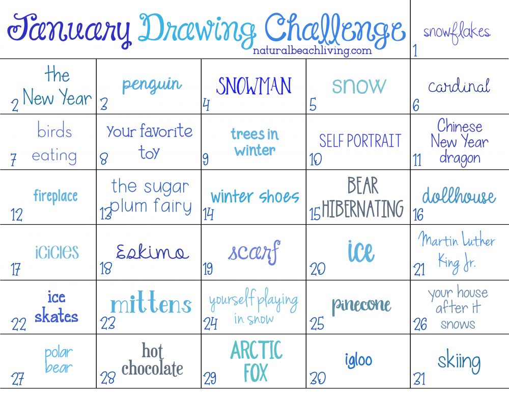 January Drawing Challenge for Kids and Adults, 30 Day Drawing Challenge, You can set the timer and spend 10 minutes a day drawing, or you can let your creativity run wild with these winter drawing prompts. Monthly Drawing Challenge and Drawing Challenge List with Free Printable 