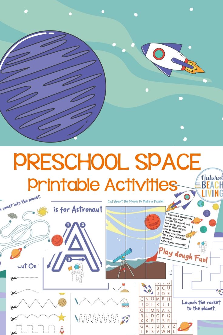 Preschool Space Theme Printables, Space Preschool Activities with Hands-on learning activities that include preschool printables with puzzles, preschool math, handwriting, fine motor skills, alphabet activity sheets, Cutting practice, Playdough Mats and more.
