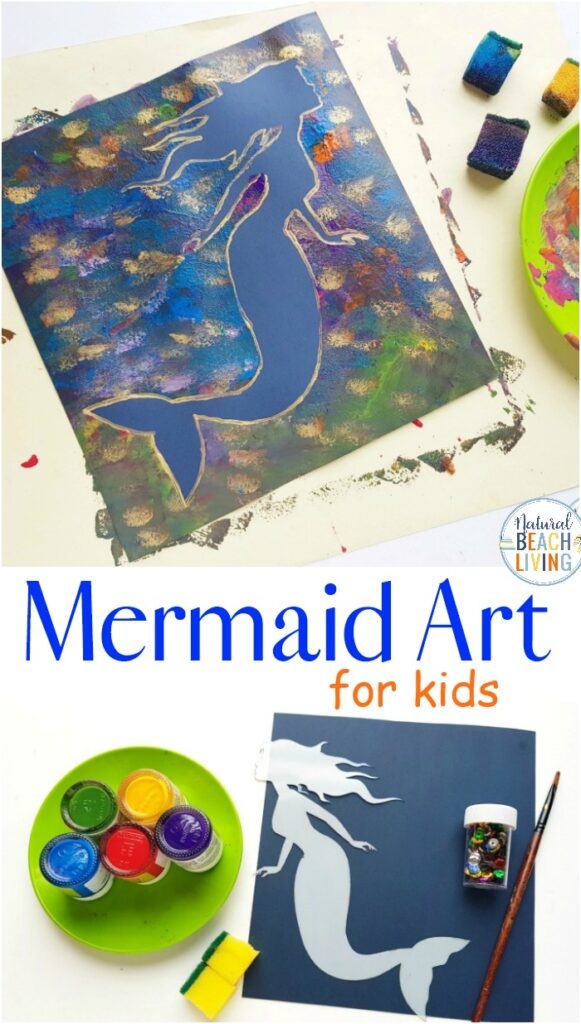 This mermaid art is so simple and fun to make! Have fun with a Mermaid Theme this summer and your preschooler will enjoy creating this beautiful mermaid art to display! Mermaid Stencil Art and craft idea for kids for  Under the sea activities
