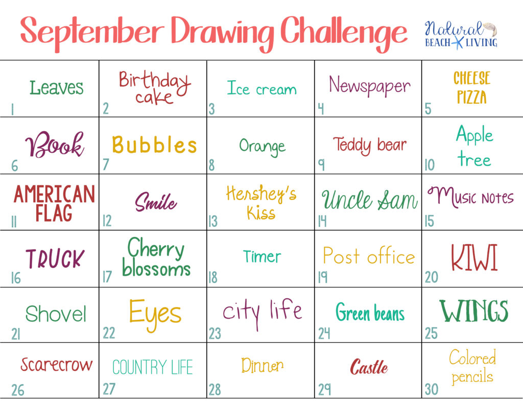The SEPTEMBER DRAWING CHALLENGE is a great way to use your creative thoughts and talents to draw something new every single day. A free 30 day drawing challenge for fall. This Monthly Drawing Challenge is full of 30 days with 30 topics and ideas to get you drawing daily. Have fun! 