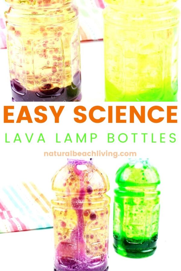 Easy Science Lava Lamp Bottles text with image examples of DIY lava lamps in plastic bottles