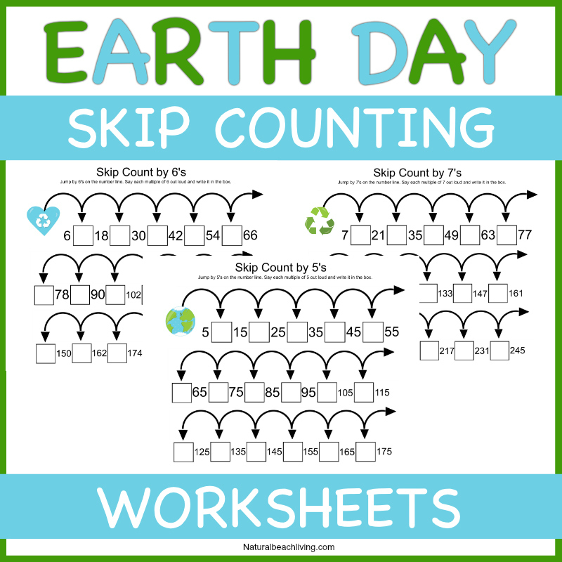 These Earth Day Skip Counting Worksheets are a great way for kids to work on math skills. Skip Counting activities are not only fun but they're great to keep your early learners' minds sharp and active as well. Kindergarten Math Activities and 1st and 2nd grade math worksheets your kids will enjoy. 