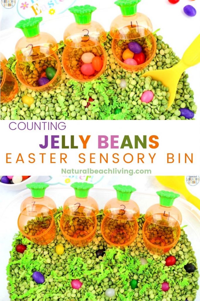 This Easter Sensory Bin is a fun way to teach your toddler and preschooler counting and exploring! This Jelly Beans Sensory Bin not only helps your child work on their counting skills but it also is a really fun Spring activity