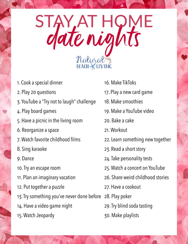 These Date Night Ideas at Home will give you so many fun things to do. You'll get over 30 fun date ideas to do in your home or outside. 1. Make a special dinner 2. play a fun game 3. give each other massages 4. have a picnic. Try something new with these Creative Date Night Ideas