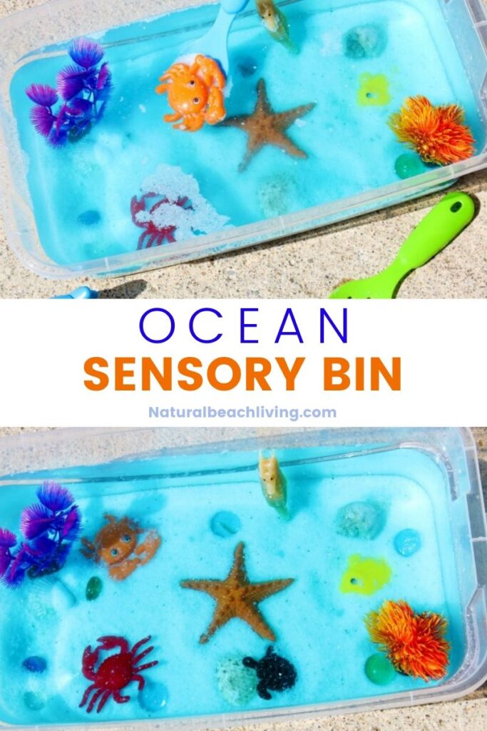 This Ocean Sensory Bin is easy to put together with a few simple under the sea theme items. your toddlers and preschoolers will love this Ocean Theme activity, Under The Sea sensory play is perfect for hands on learning or to add to an Ocean Unit Study.