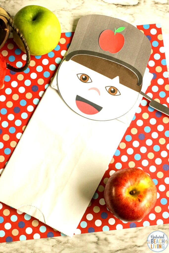 Celebrate fall and John Chapman with your preschoolers by having fun with apple crafts and this Johnny Appleseed Craft. Here we Include step-by-step directions with pictures for creating a fun paper bag craft that kids can make and enjoy using as a puppet. Paper Bag Puppet, Apple Activities and Johnny Appleseed Projects 