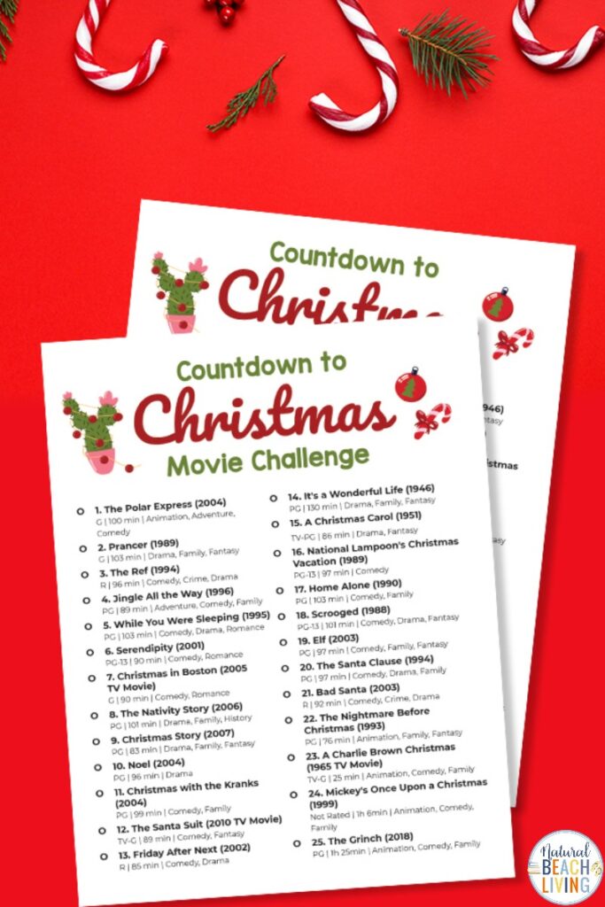 25 Day Christmas Movie Challenge, I Love Challenges and Christmas Movies are The Best so why not put the two things together this year for a 25 Day Countdown to Christmas Movie Challenge, They will bring comfort and cheer all month long. Grab this Free Christmas movies list challenge here