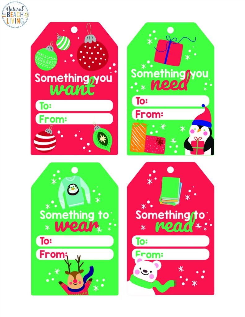 Four Gift Rule for Christmas Printable that includes Holiday Gift Tags, Learn all about the four gift rule for Christmas and get great gift ideas. The 4 gift rule for Christmas is a Christmas Challenge worth doing. A Christmas Wish List for want, need, read, and wear ideas.