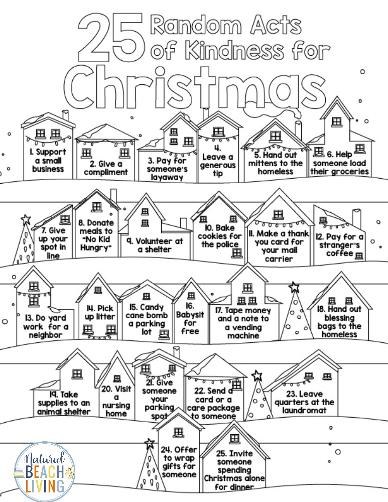  Random Acts of Kindness for Christmas and Random Acts of Kindness Coloring Pages full of ideas for being kind and practicing gratitude. Acts of Kindness Ideas with free printables to hang up and check off. Perfect ideas to bring Christmas Cheer all month long.  