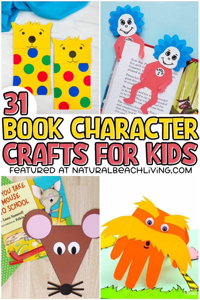 Over 31 Fun Book Character Crafts your kids will love! Make a Lorax puppet, Mo Willems' famous Pigeon character, You'll find crafts for so many of your kids' favorite books, from The Cat in the Hat to Harry Potter and Pete the Cat! perfect storytime book crafts for kids!