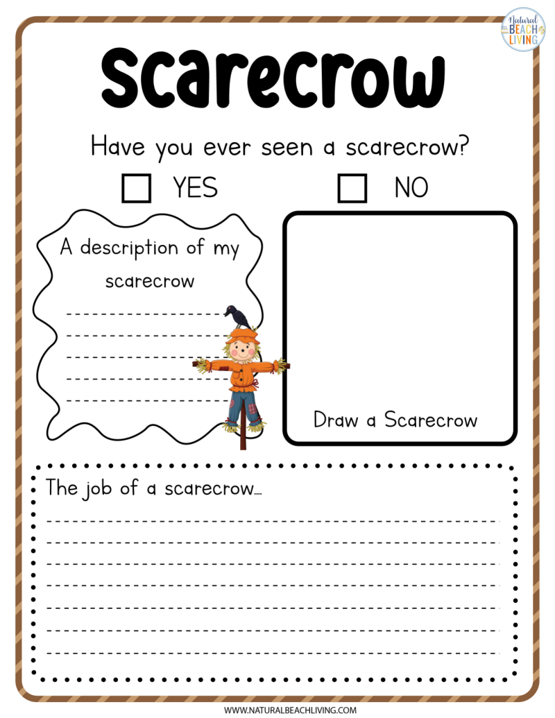 Your children will love these Scarecrow Worksheets, you'll find everything from How to draw a scarecrow, Scarecrow Coloring Pages, Scarecrow Writing Prompt, Build a scarecrow activity, Scarecrow Craft Template, and more and these fun Scarecrow Activities are Free 